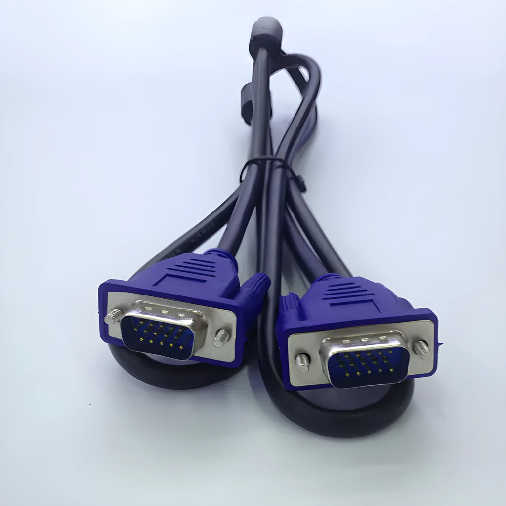Black VGA video cable with blue connector heads measuring 1.5 metres for computer monitor connections