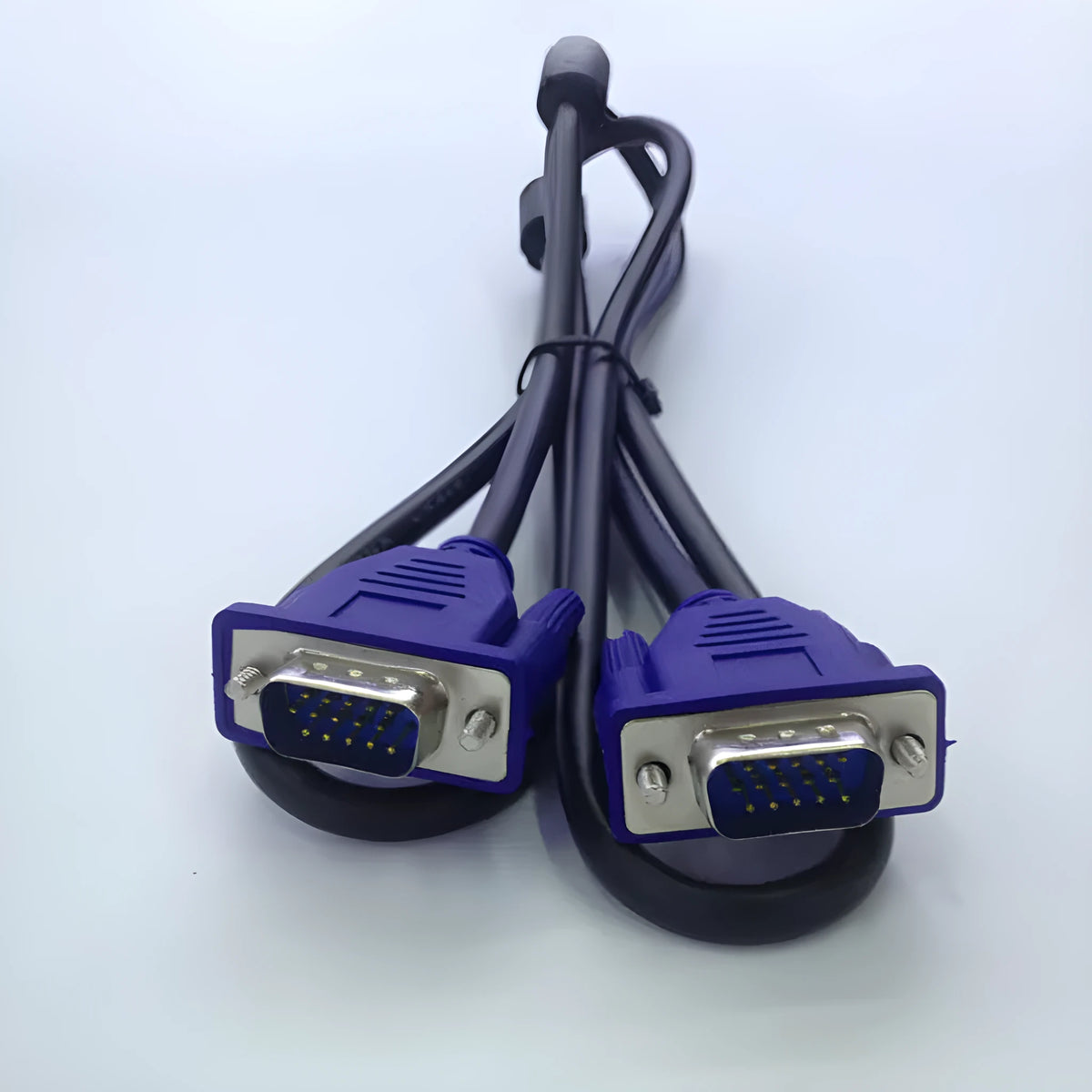 Black VGA video cable with blue connector heads measuring 1.5 metres for computer monitor connections