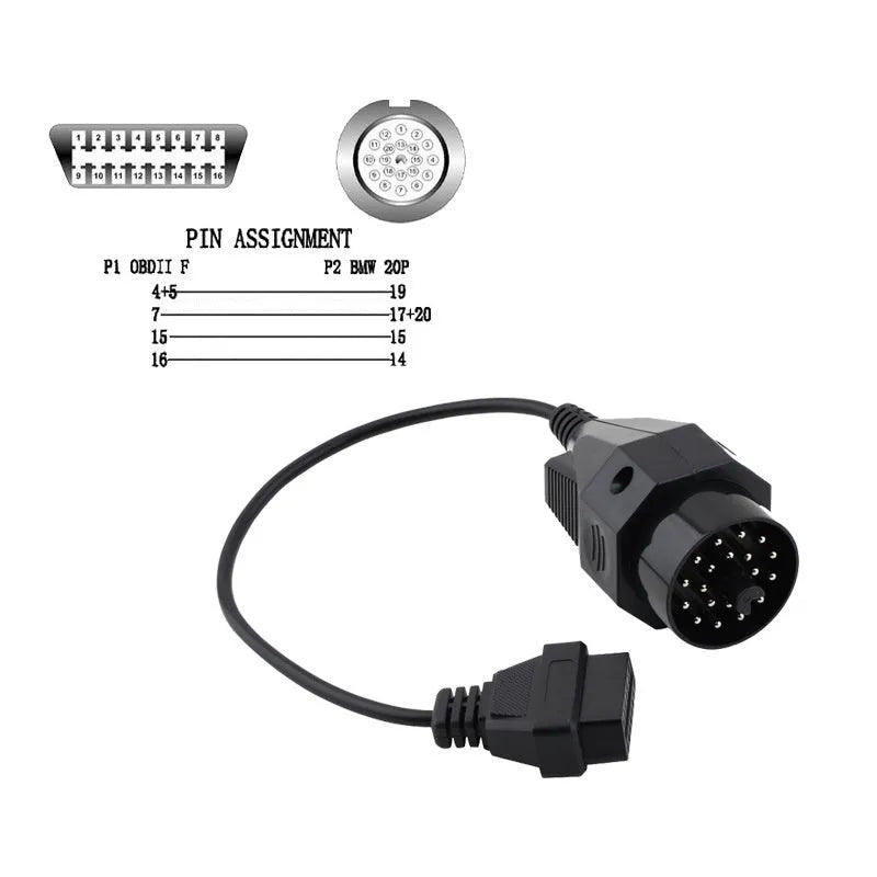 BMW OBD2 diagnostic adapter cable converting 20-pin male to 16-pin female connector