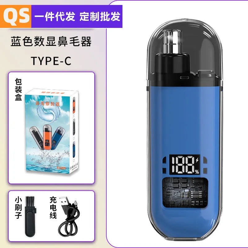 Rechargeable nose hair trimmer with digital display and removable cutter head.