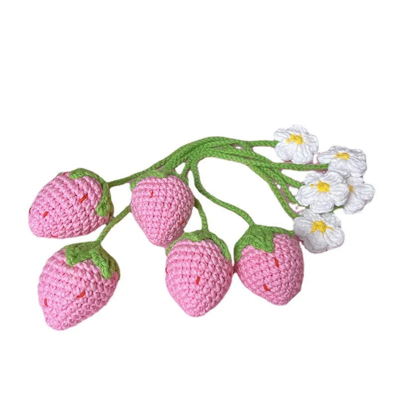 Wool crochet woven strawberry pendant on 35 cm knitted wool cord in pink or red colour