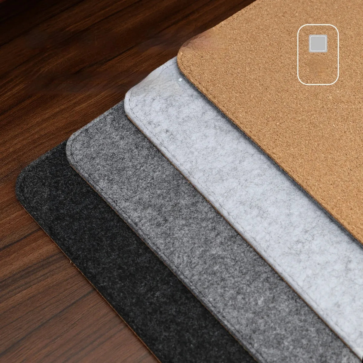 Oversized felt cork desk mat with Japanese simple design in grey colour options on wooden desk surface