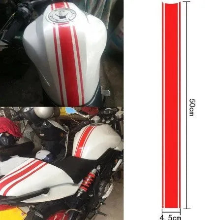 Black, red, silver, and yellow reflective pinstripe motorcycle stickers measuring 50 by 4.5 centimetres.