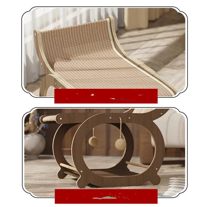 Solid wood cat scratching bed with sisal mat surface in walnut wood colour finish