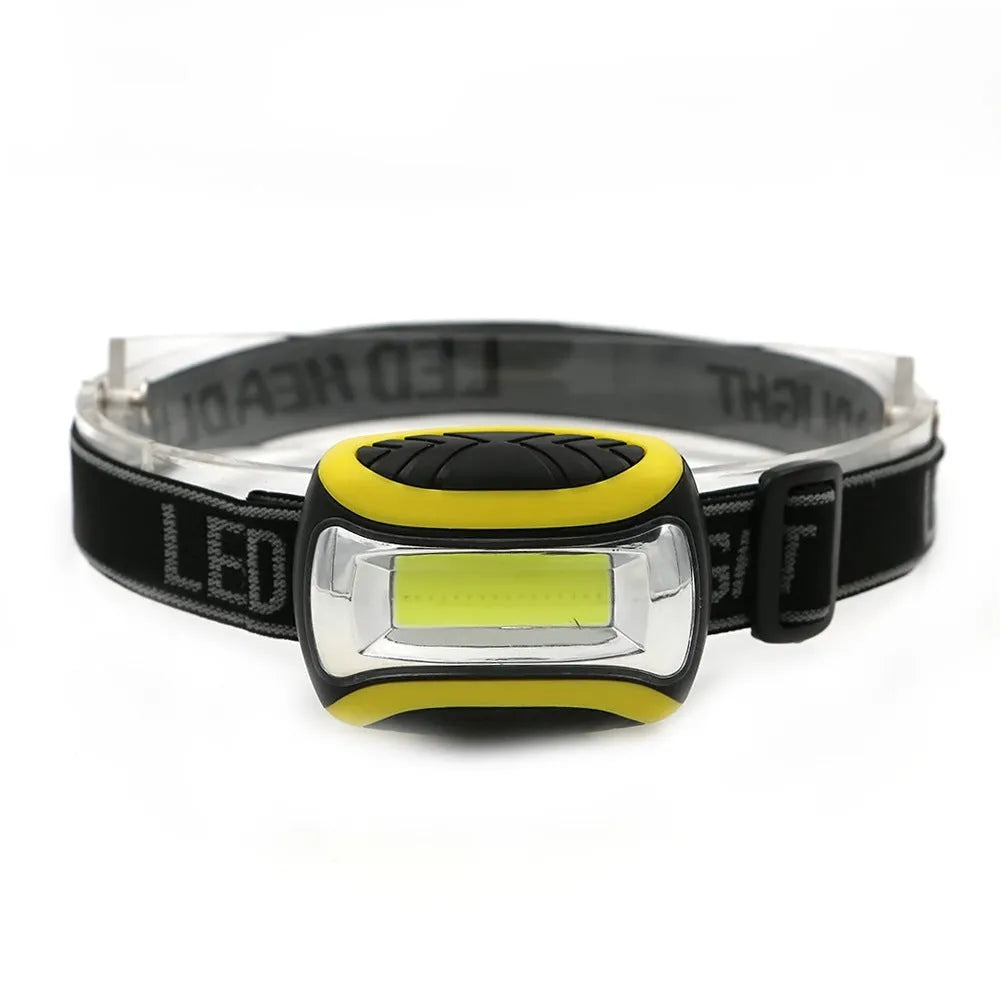 Yellow plastic three-speed COB LED headlamp for outdoor activities.