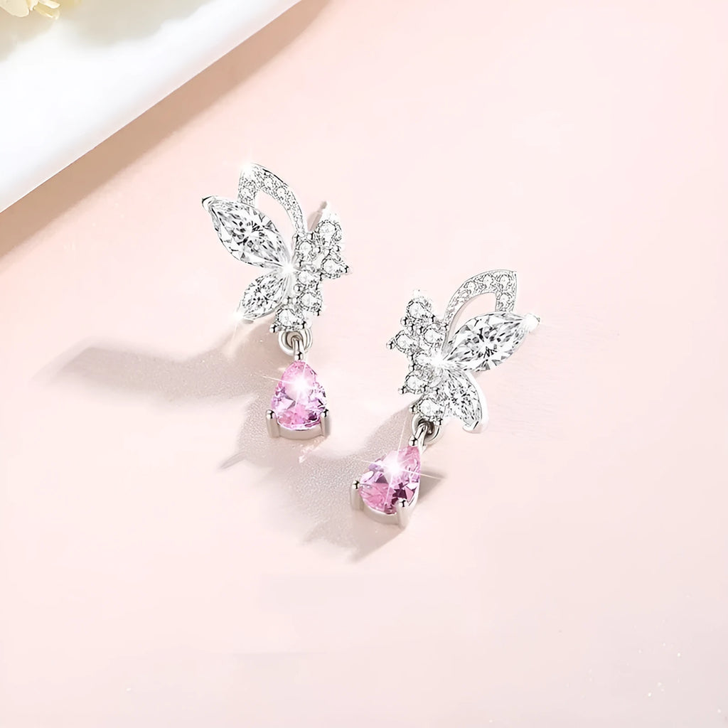 Crystal butterfly silver stud earrings for women made from 925 sterling silver