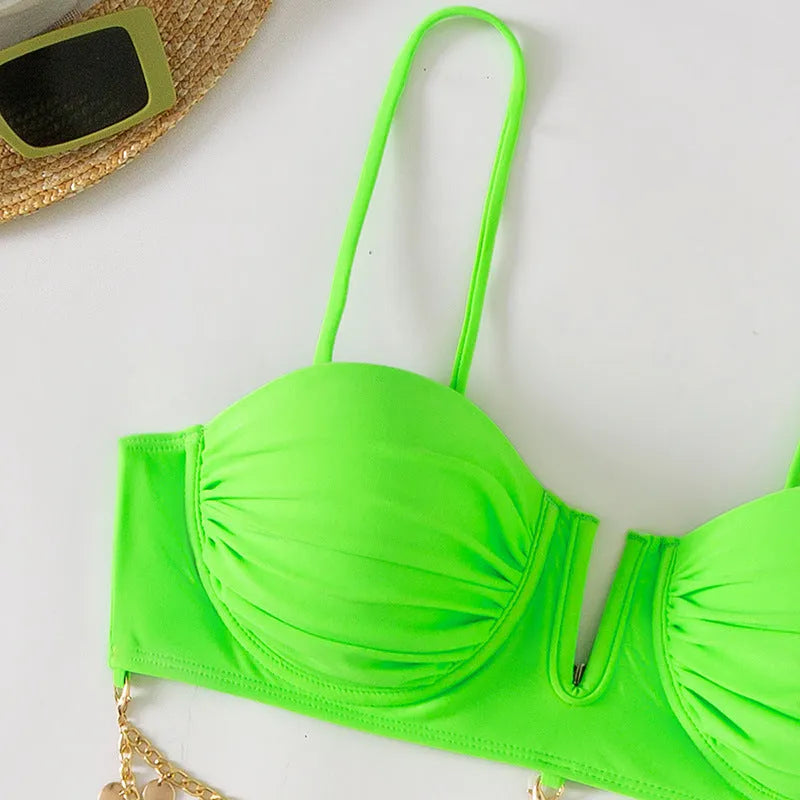 Women's two-piece bikini set with polyester fabric, solid colour, bra and panties, sizes S M L