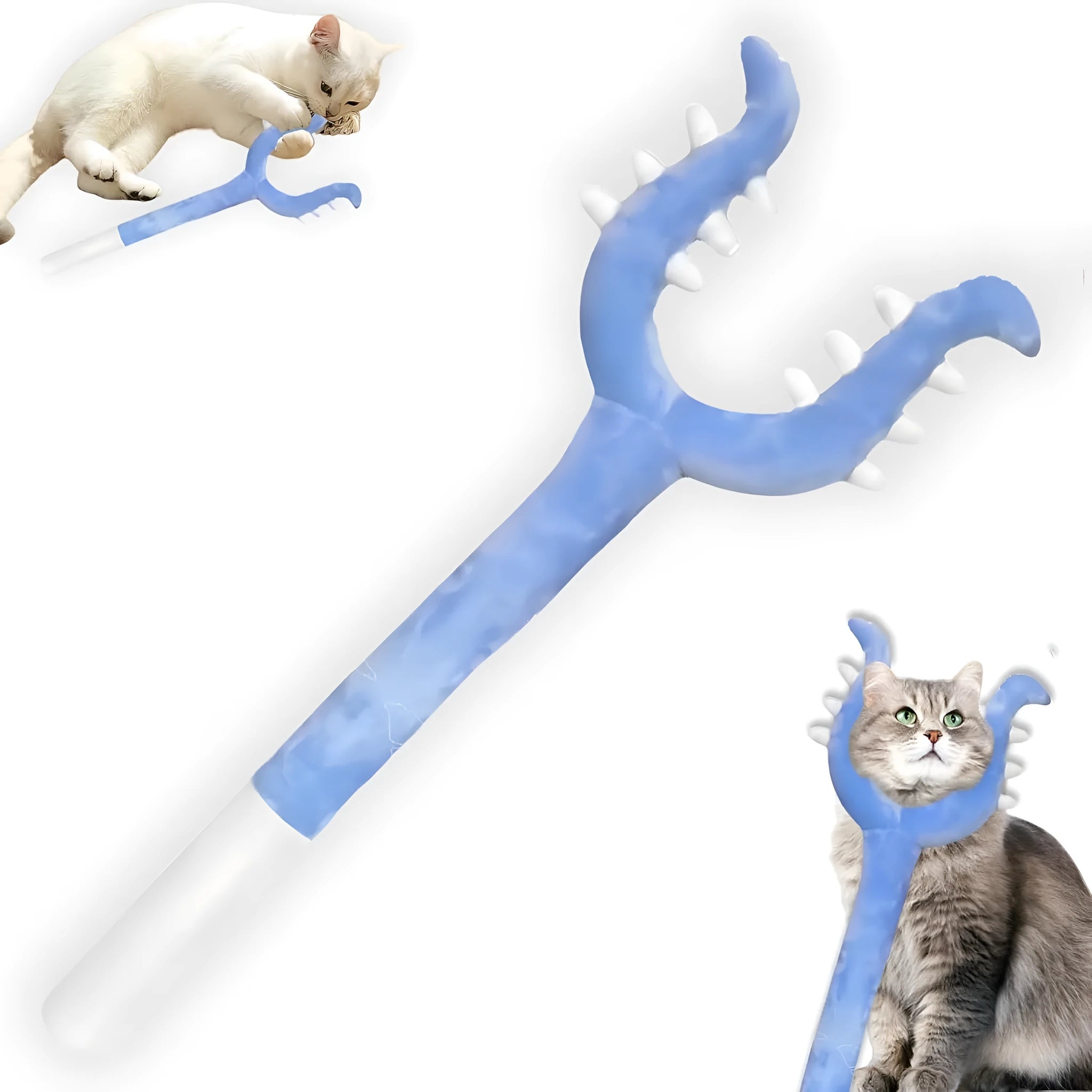 Blue plush cat wand toy with foam-filled tip on a 70cm handle