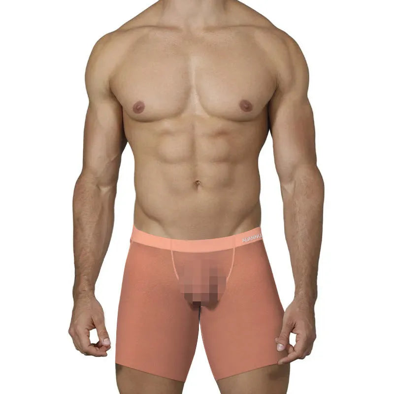 Men's ice silk nylon boxer shorts in low waist design showing orange, pink, and red colour options