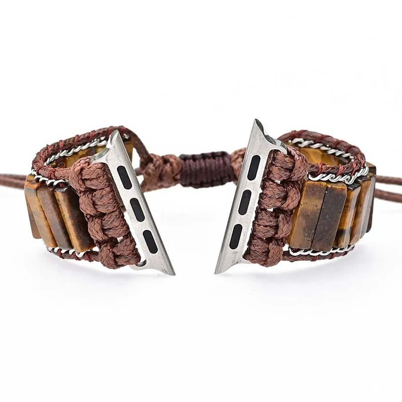 Men's adjustable textile watch strap with rectangular tiger eye stone chain detail, shown fitting a watch.