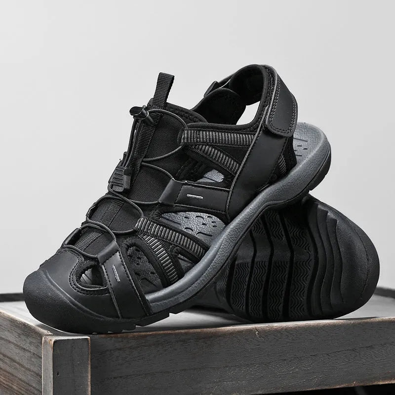 Men's blue outdoor casual sports shoes with Velcro closure and mesh upper