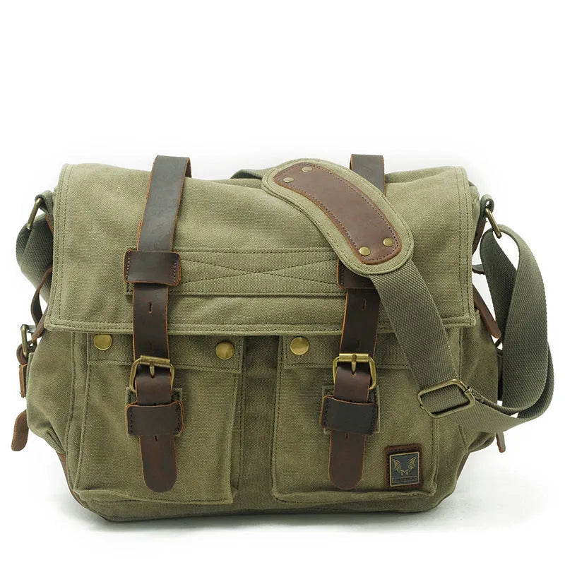 Men's retro canvas crossbody shoulder bag with cowhide trim and postman flap in Army Green colour