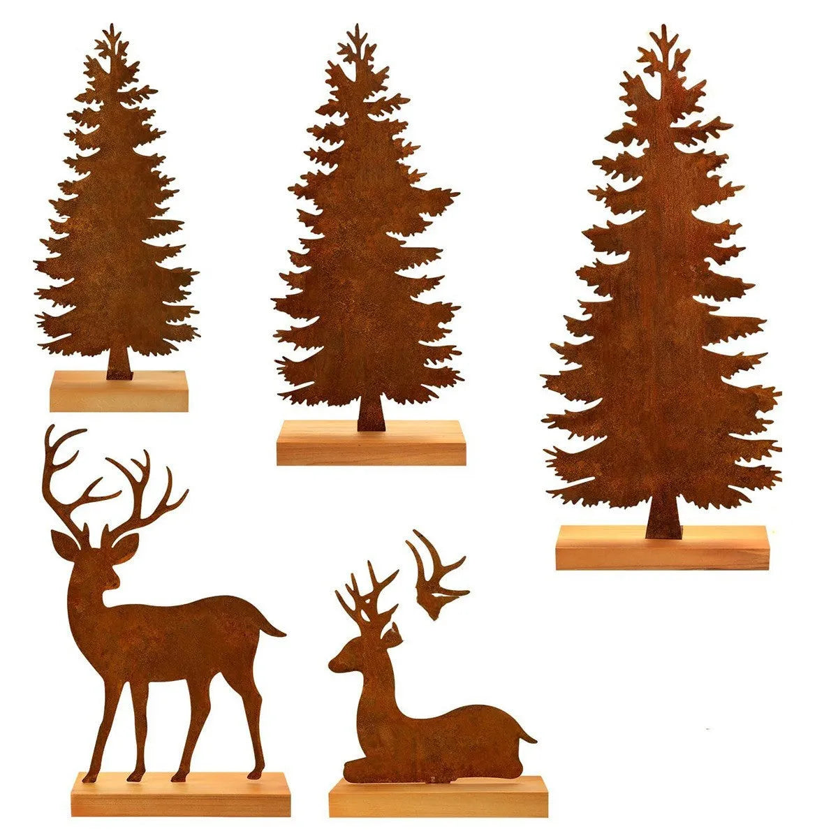 Three metal Christmas tree ornaments with elk silhouettes in rusty iron finish