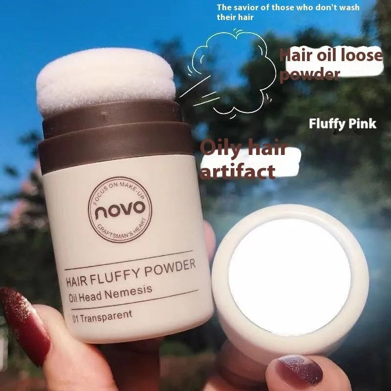 Veejaga mattifying hair oil control booster powder in compact, showing transparent, brown, and dark brown shades.