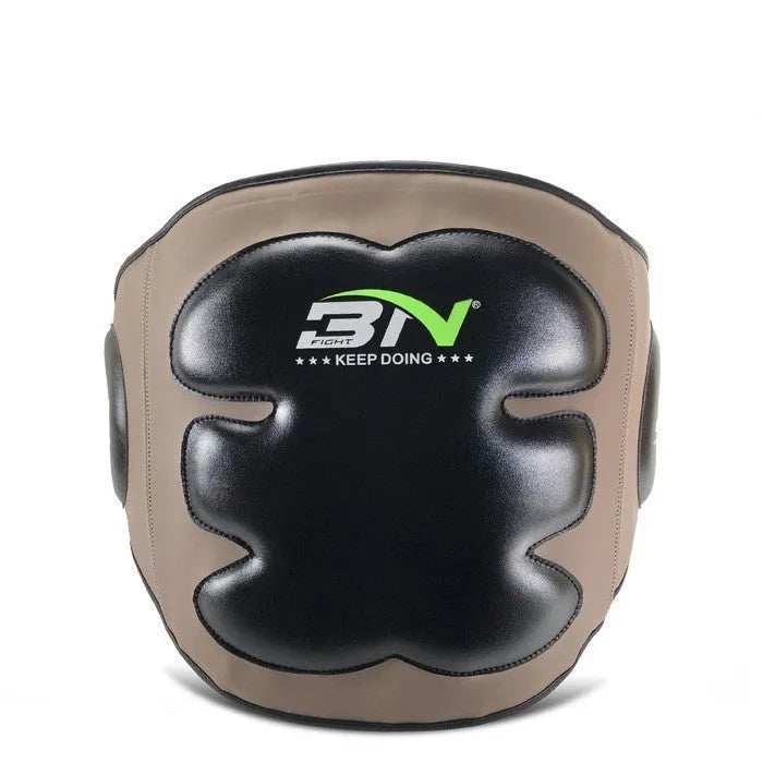 Dark gray Sanda boxing breast protection target with integrated waist guard for martial arts training.