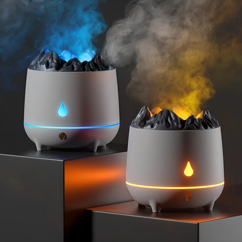 Volcano-shaped ultrasonic humidifier with USB cable on wooden surface