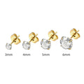 A pair of simple square-cut zircon stud earrings in stainless steel on a white background.