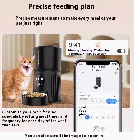 Black automatic pet feeder with display screen and food dispensing bowl for dogs and cats