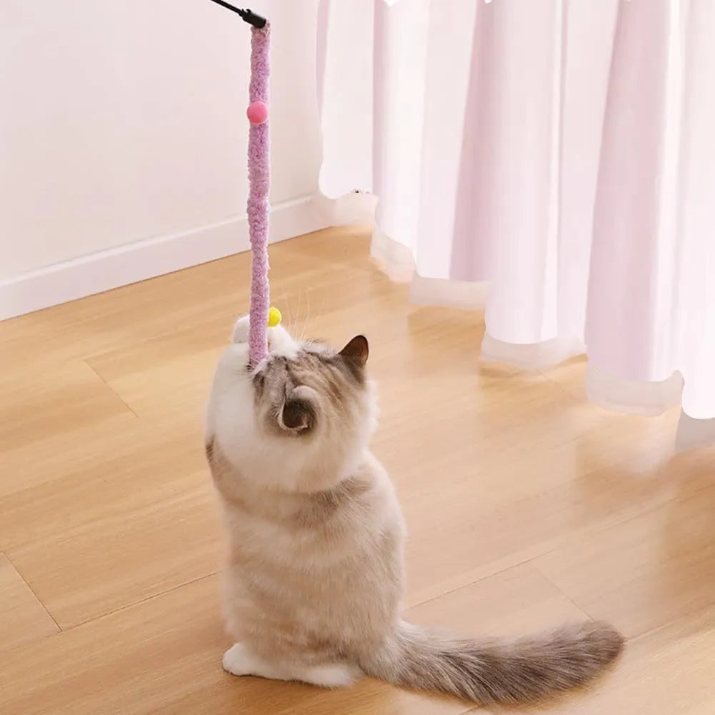 Interactive cat wand toy with blue plush strip, fluffy ball, and bells on a 41cm pole