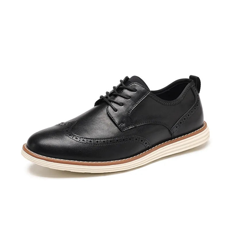 Men's black slip-on business casual shoes with round toe and low-top PU upper
