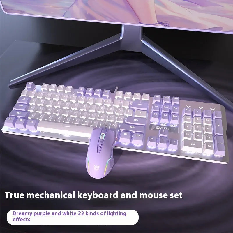 Purple mechanical keyboard and white mouse set with backlighting on wooden desk