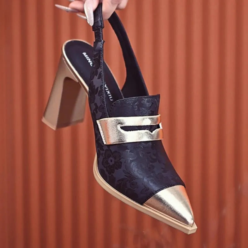Women's black Korean style chunky heel sandals with pointed toe and adjustable elastic strap