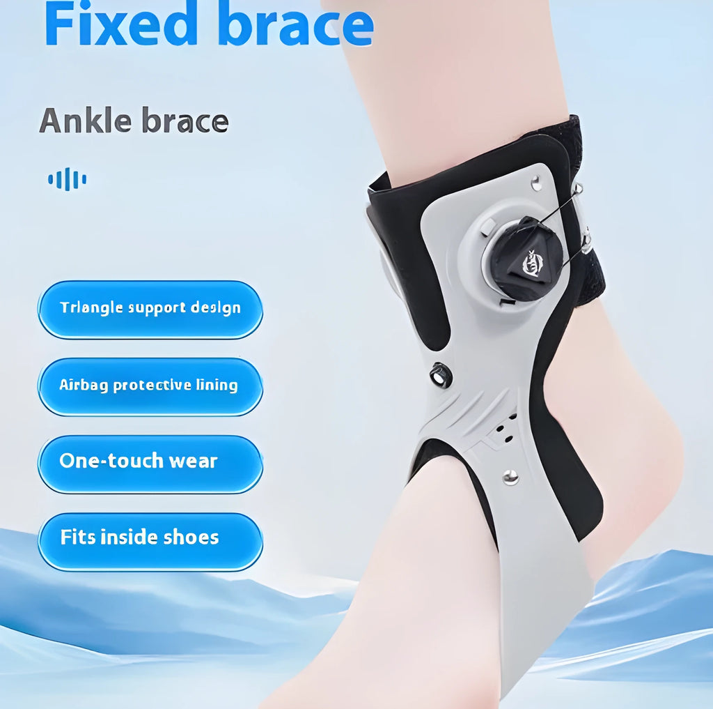 Grey and black ankle fixation brace with an airbag button, shown in separate left and right versions.