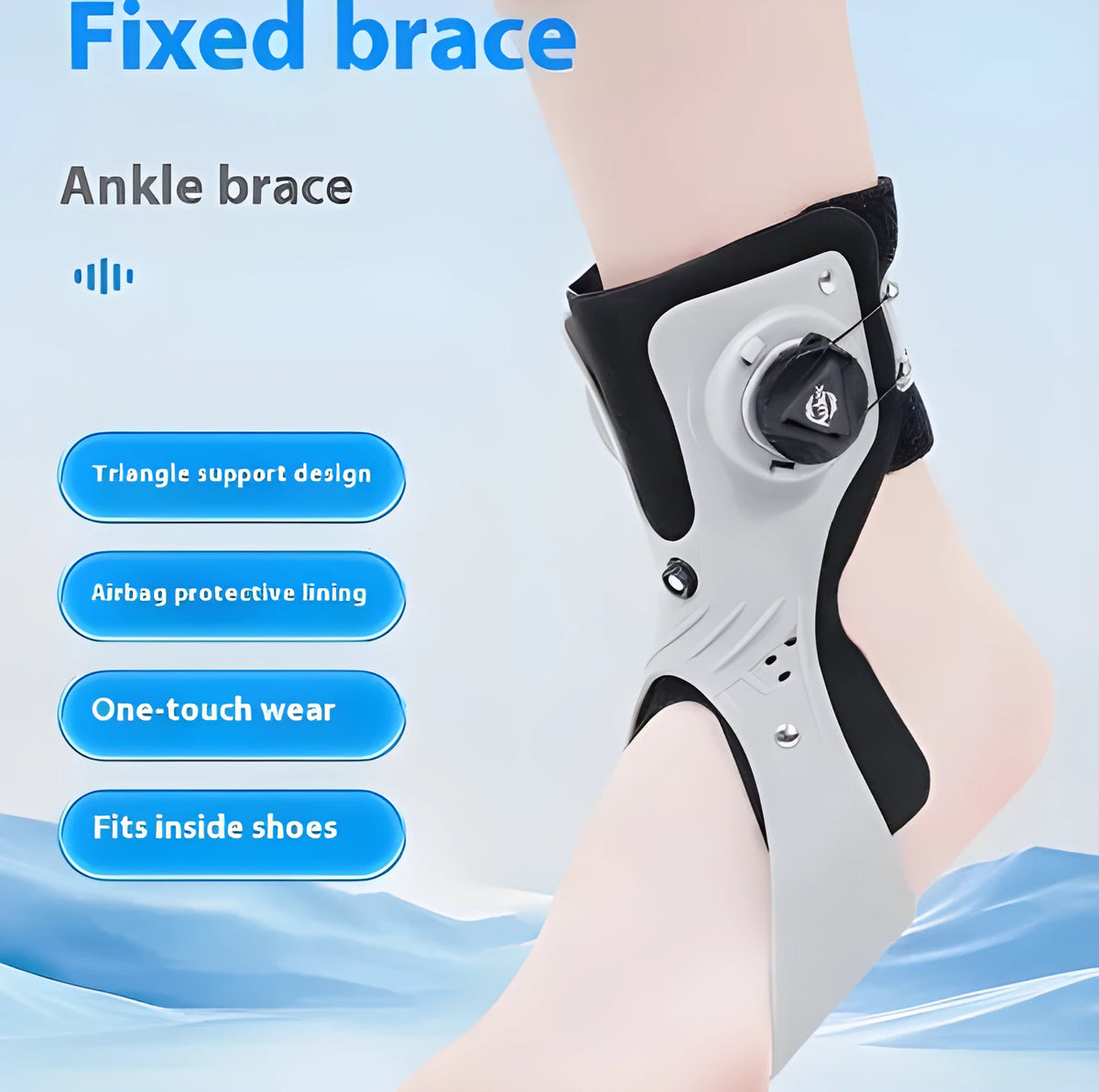 Grey and black ankle fixation brace with an airbag button, shown in separate left and right versions.