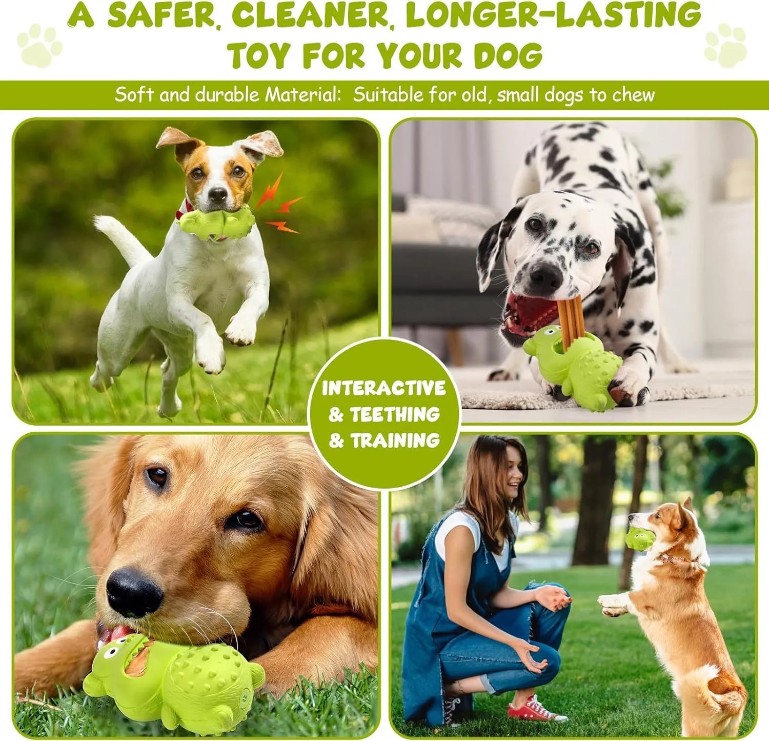 Green and yellow natural rubber squeaky dog toy for aggressive chewing dogs.