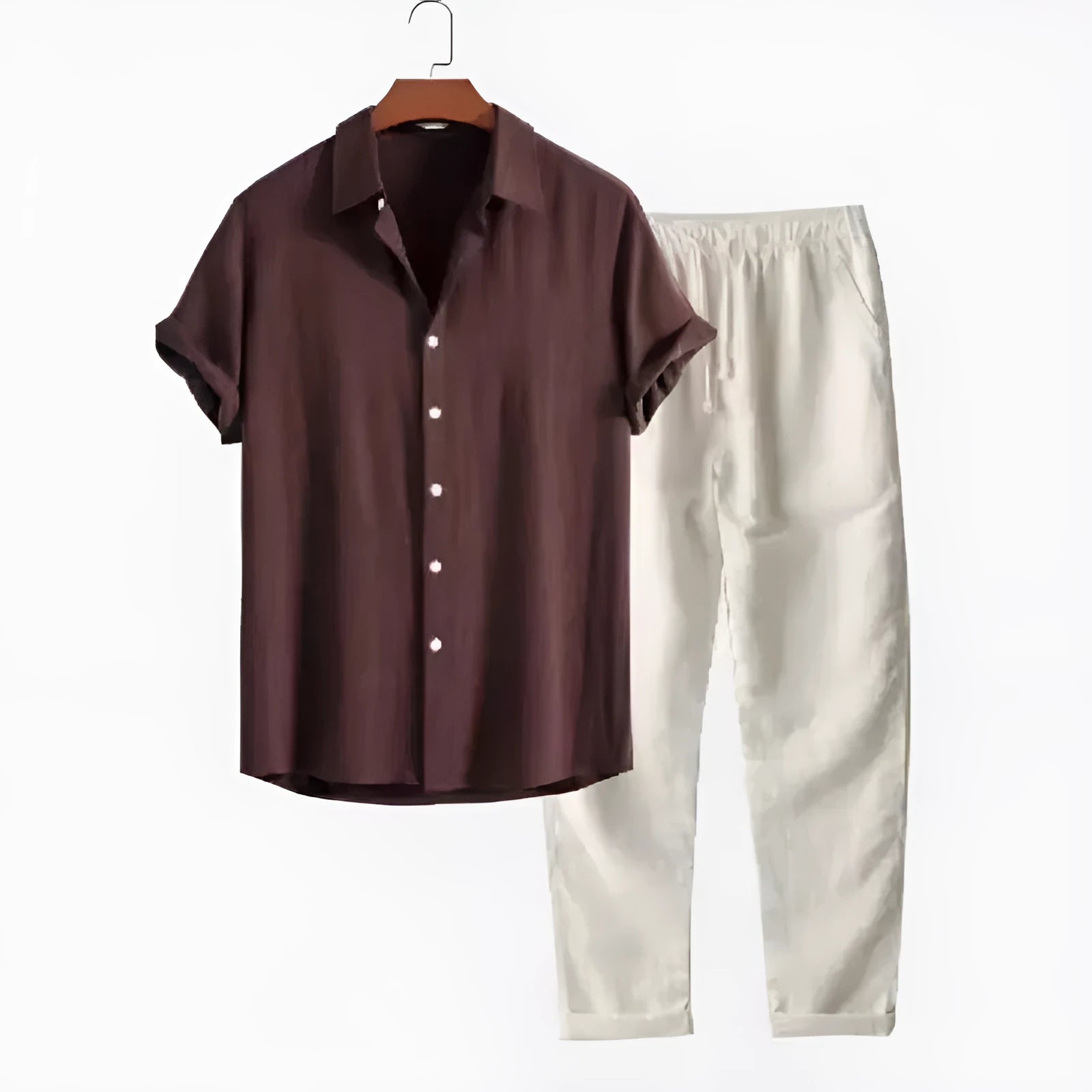Man wearing a loose-fit short-sleeve shirt and trousers from a casual linen-blend suit set.