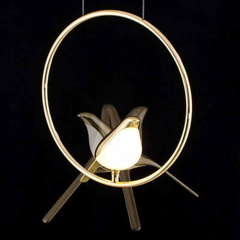 Minimalist magpie bird chandelier made from zinc alloy and acrylic with neutral LED lighting