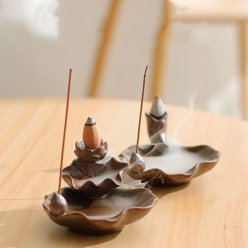 Ceramic reverse flow incense burner with purple clay finish and crystal glaze decorations