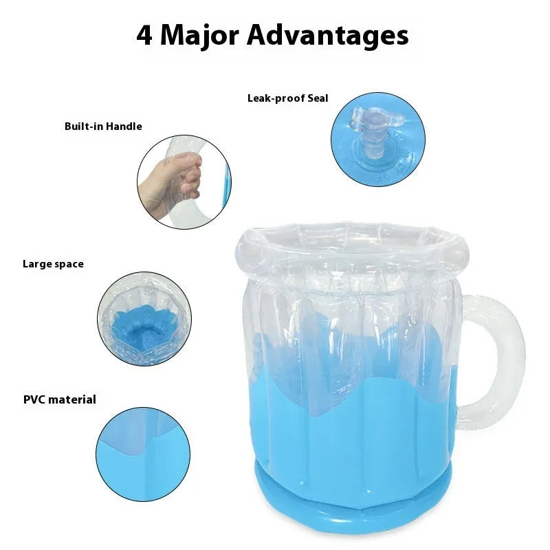Yellow inflatable PVC ice bucket for portable drink chilling at parties.