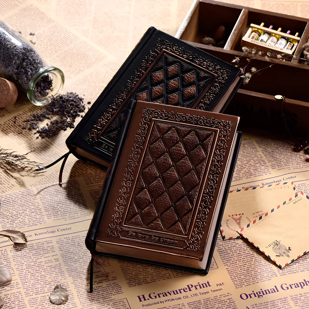 Embossed faux leather notepad with 3D cover in bronze or black gold colour