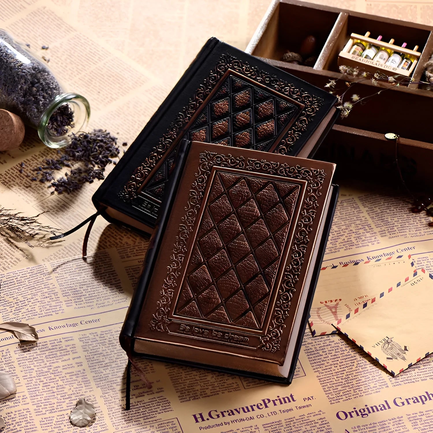 Embossed faux leather notepad with 3D cover in bronze or black gold colour