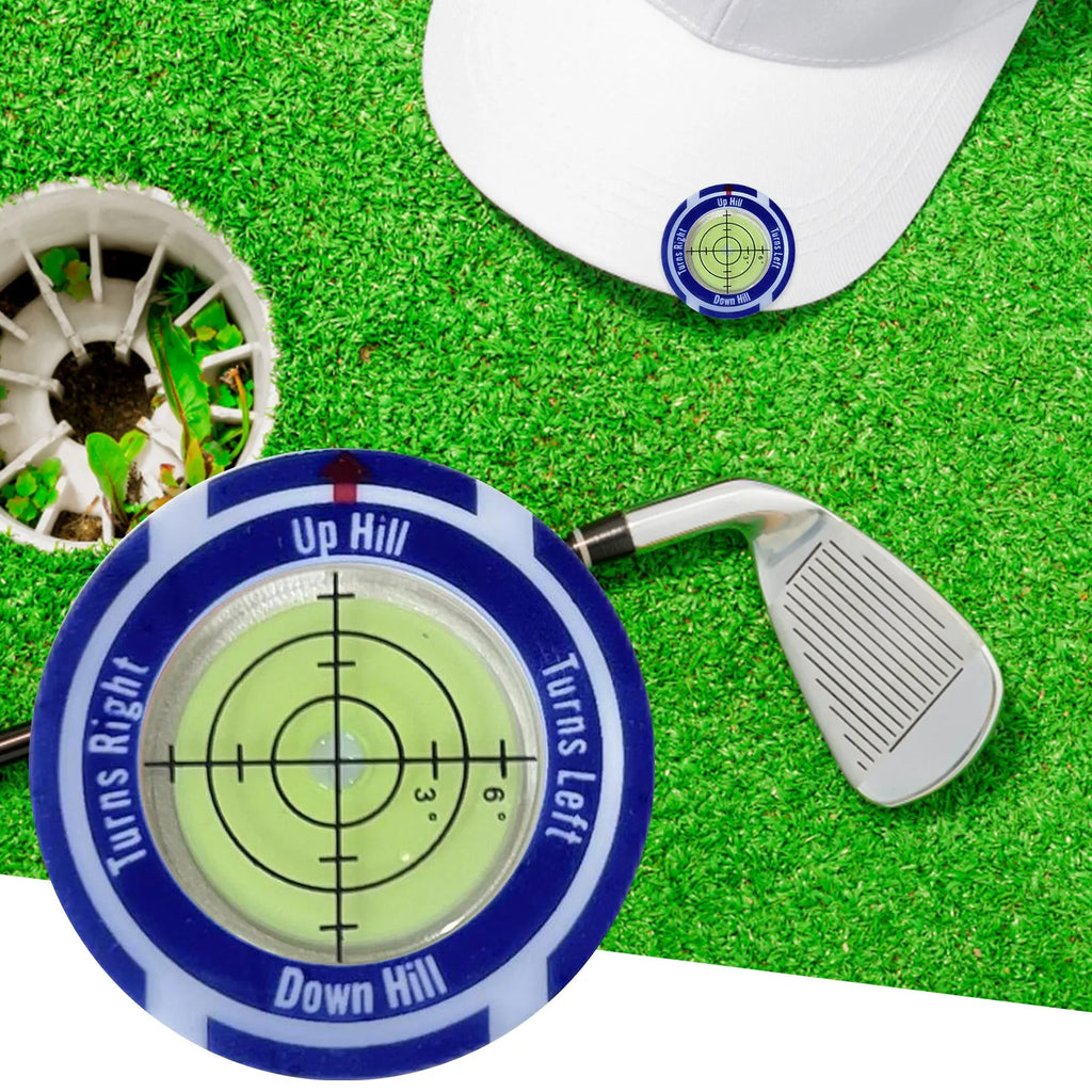 Golf Level Hat Clip attached to golf hat brim showing green distance measurement display