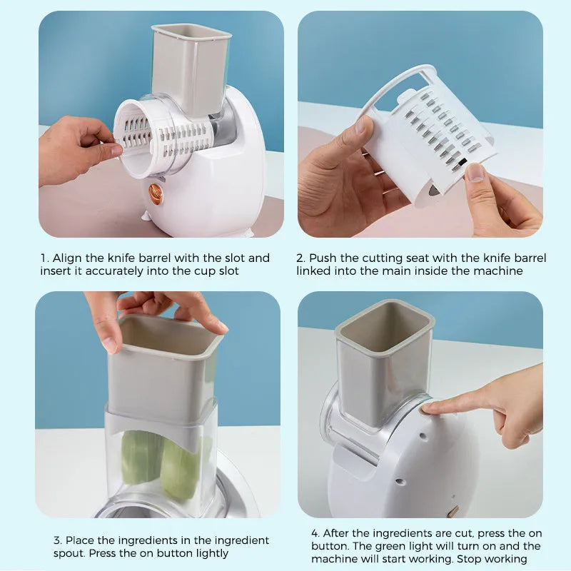White electric vegetable slicer with three blade pairs and strong suction base for kitchen use