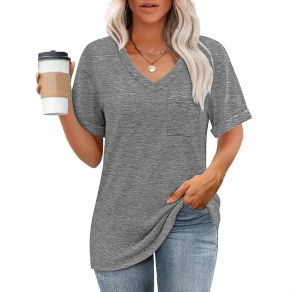 Grey loose fit V-neck t-shirt with chest pocket on mannequin