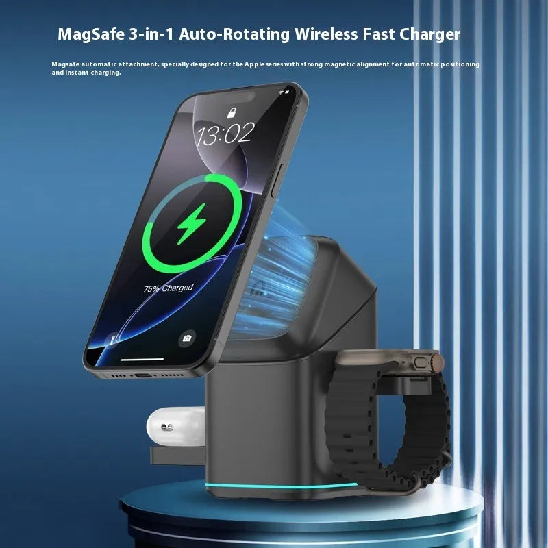 Black mobile phone magnetic wireless charging stand showing 180-degree rotation adjustment on a desk.