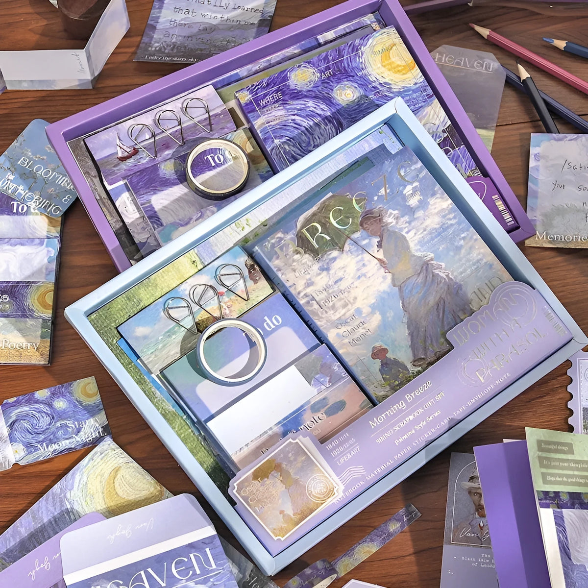 A6 grid creative journal gift box with notebook, bookclothes, decorative papers, cards, and photo frames.