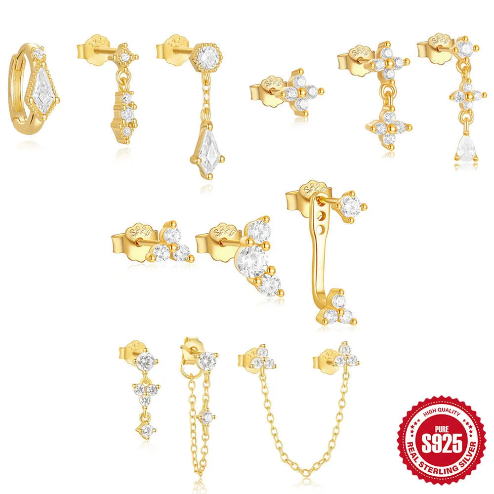 S925 sterling silver geometric tassel earrings in gold colours, 3-piece set for daily wear