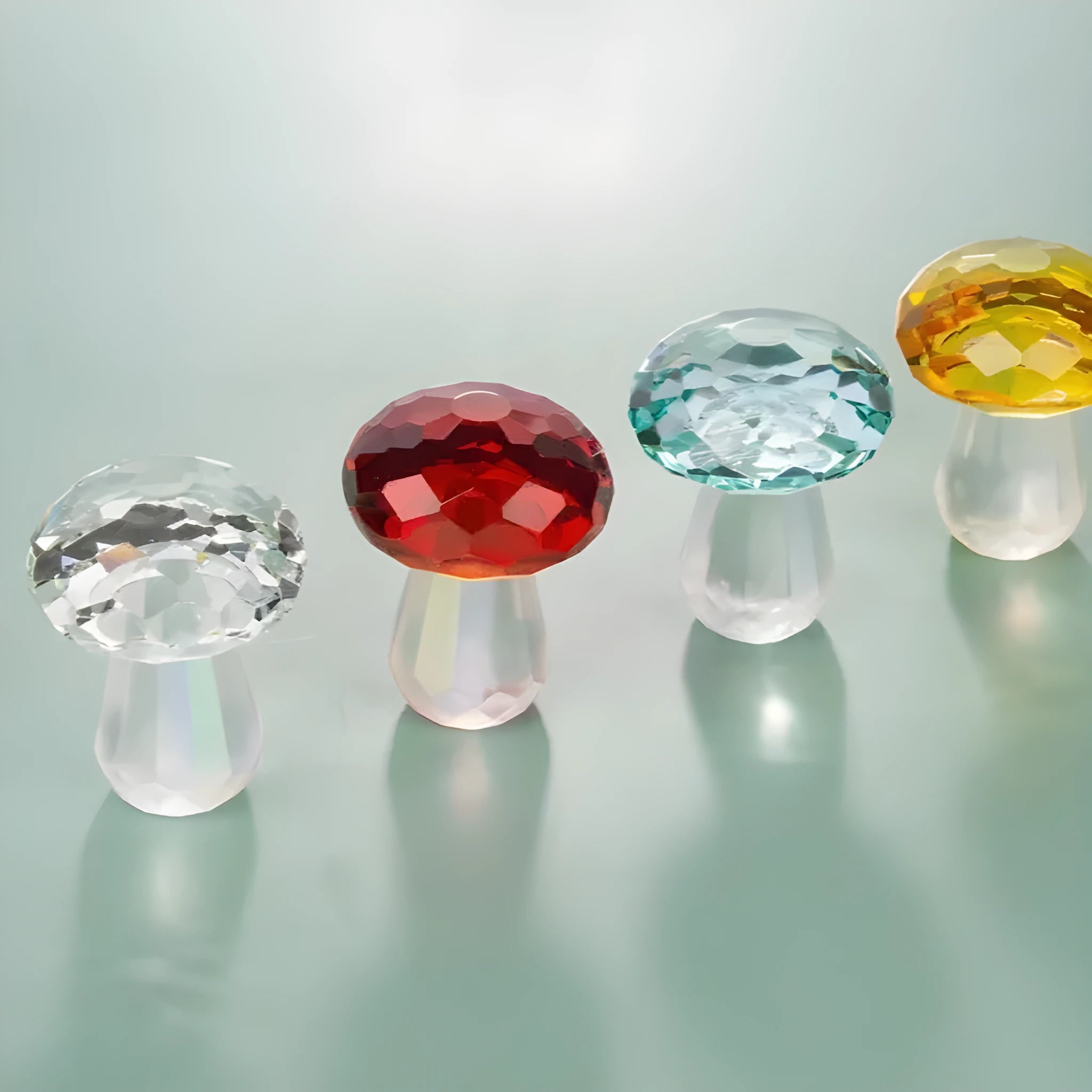 Colourful geometric crystal mushroom decoration on a white background.