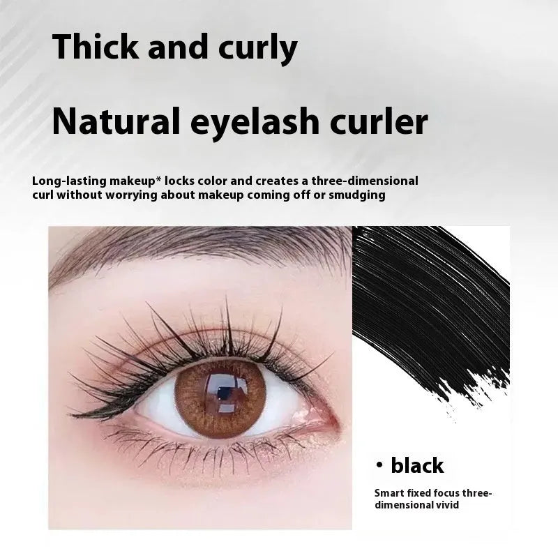 Waterproof mascara with steel tube and brush, shown in black and brown colour options, some sets include an eyelash curler.