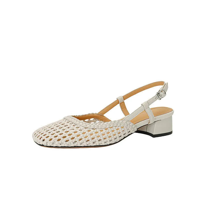Women's beige woven closed toe sandals with a chunky 4cm heel and belt buckle fastening.