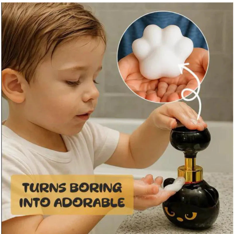 Black cartoon cat shaped plastic foam soap dispenser measuring 10x10x18cm