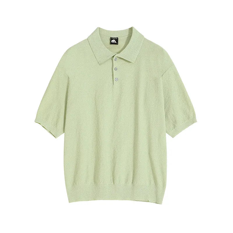 Men's retro knitted polo shirt with asymmetrical design in caramel colour, short sleeves, loose fit