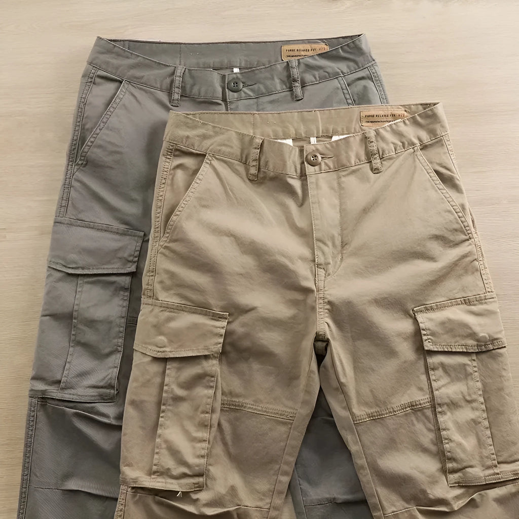 Men's multi-pocket cotton labour protection trousers in khaki, showing cropped leg length and solid colour design.