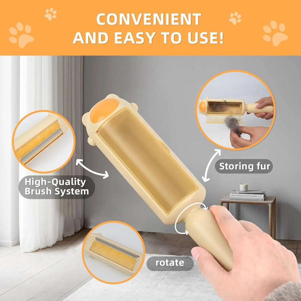 Blue pet hair remover roller with self-cleaning base on a carpet next to a dog.