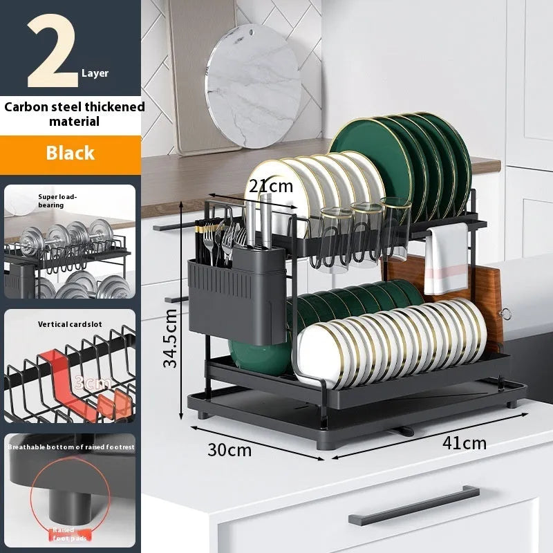 White double-layer kitchen storage rack with removable top shelf for draining utensils