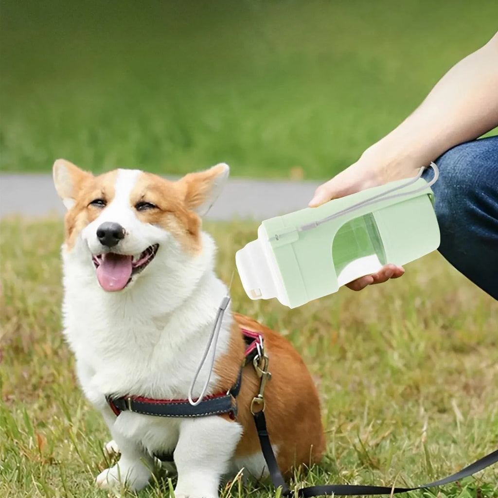 Green 2-in-1 travel dog water bottle and food container with attached lanyard, shown folded.